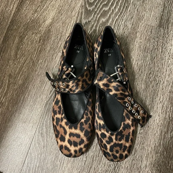 Zara Leopard Print Mary Jane Flats - Brown/Black - Picture 1 of 4